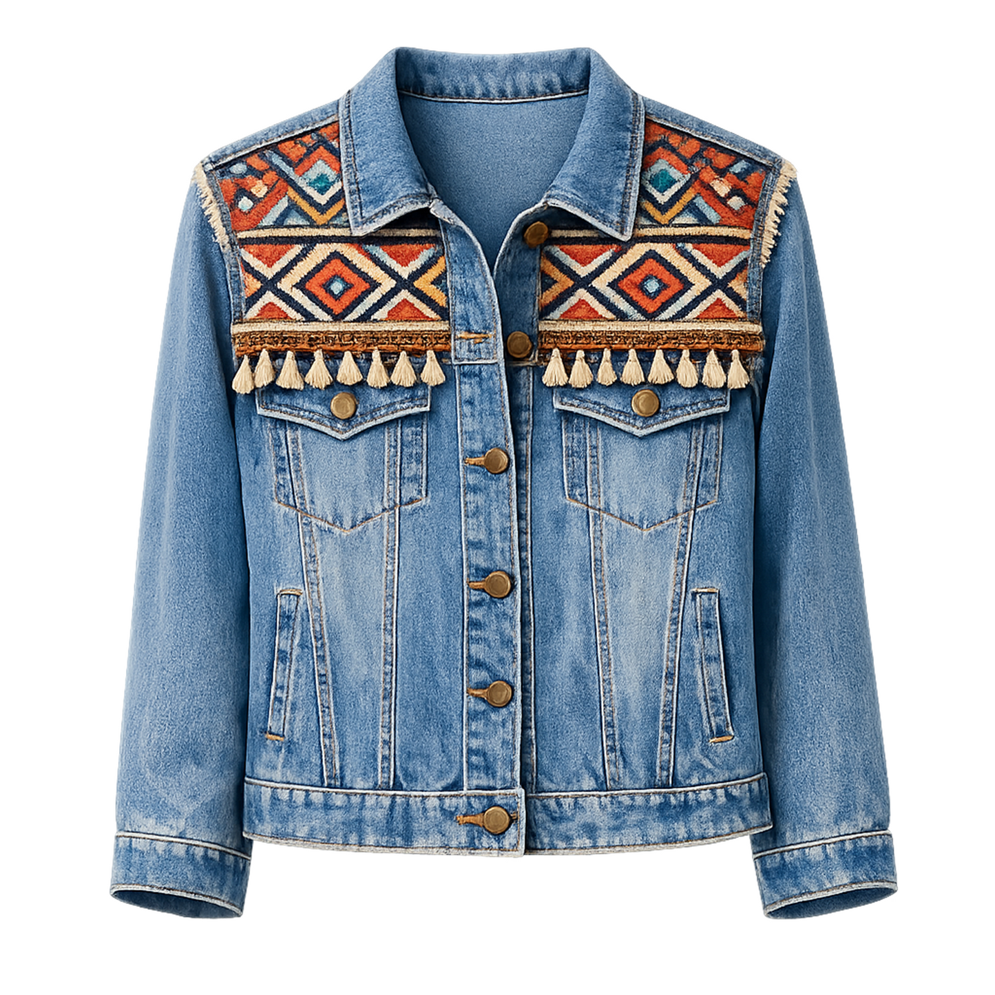 Boho Geometric Embroidered Denim Jacket – Light Wash Button-Up Jean Jacket with Tassel Trim, Classic Collar Layering Outerwear