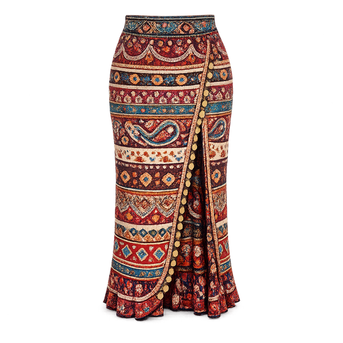 Boho Patchwork Print Maxi Skirt – High Waist Wrap-Style Mermaid Hem, Vintage Tribal Stripes, Coin Trim Side Split