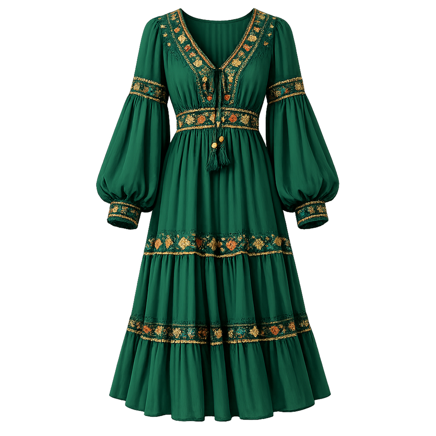 Emerald Green Boho Embroidered Midi Dress – V-Neck Tassel Tie, Lantern Long Sleeves, Tiered Skirt with Gold Floral Trim