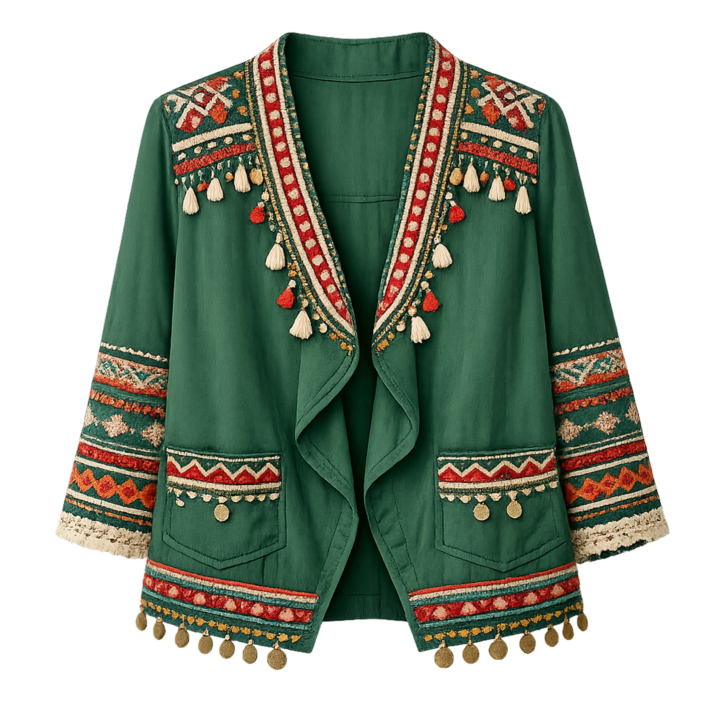 Boho Ethnic Embroidered Open-Front Jacket – Forest Green with Tassel & Coin Trim, Relaxed Fit Layering Outerwear