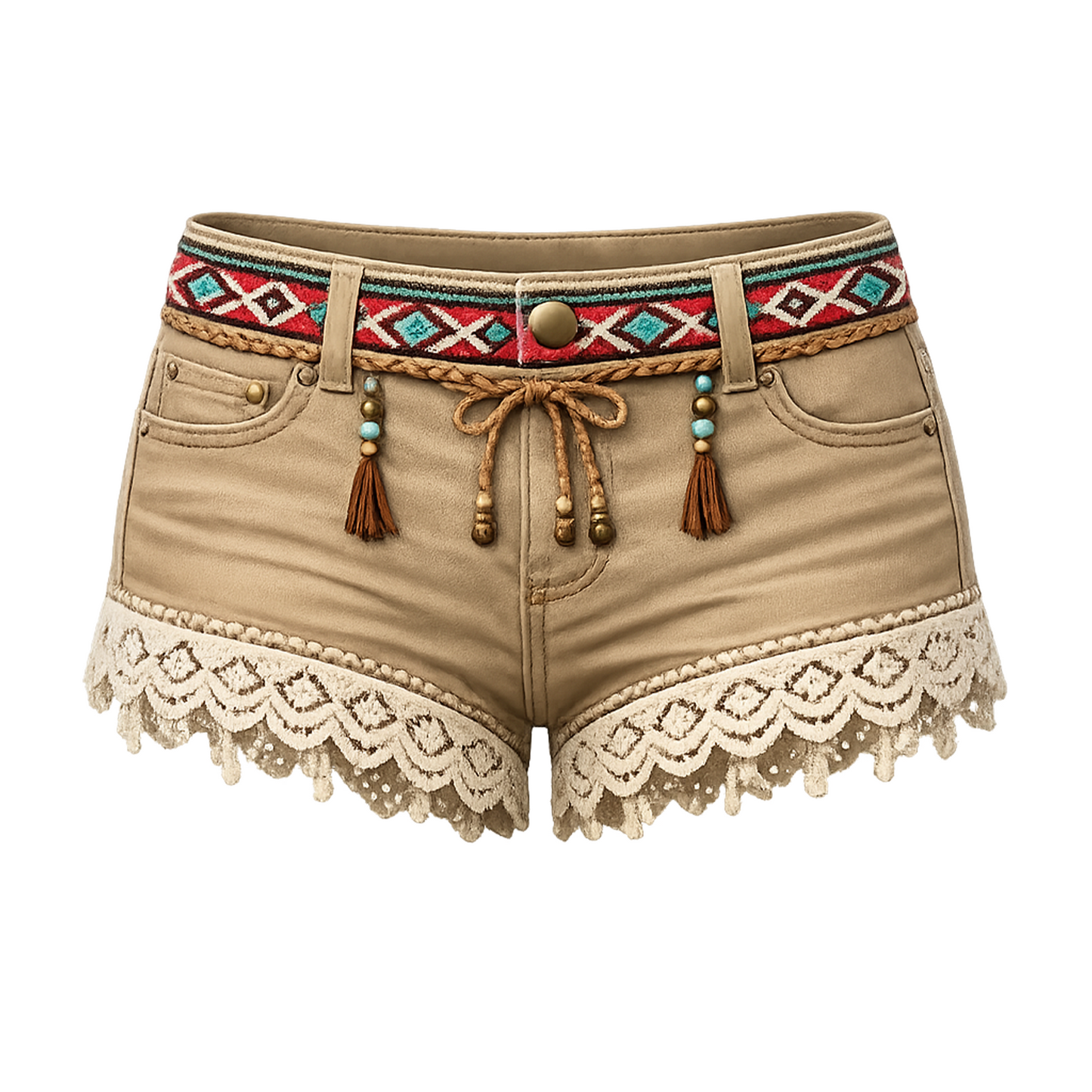 Khaki Boho Lace Trim Shorts – Mid Rise Denim-Style Shorties, Tribal Woven Waistband, Rope Tie with Tassels & Beads