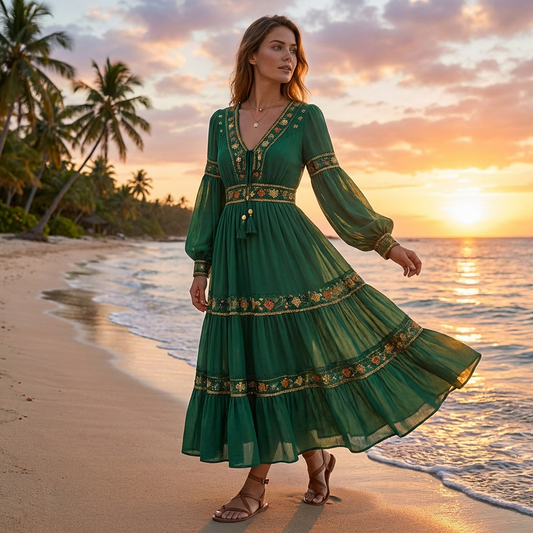 Emerald Green Boho Embroidered Midi Dress – V-Neck Tassel Tie, Lantern Long Sleeves, Tiered Skirt with Gold Floral Trim