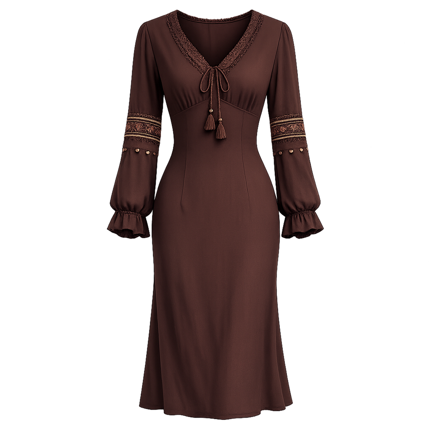 Boho V-Neck Tie Midi Dress – Chocolate Brown Long Sleeve, Lace Trim Neckline, Embroidered Sleeve Bands, Ruffle Cuffs, Body-Skimming Fit