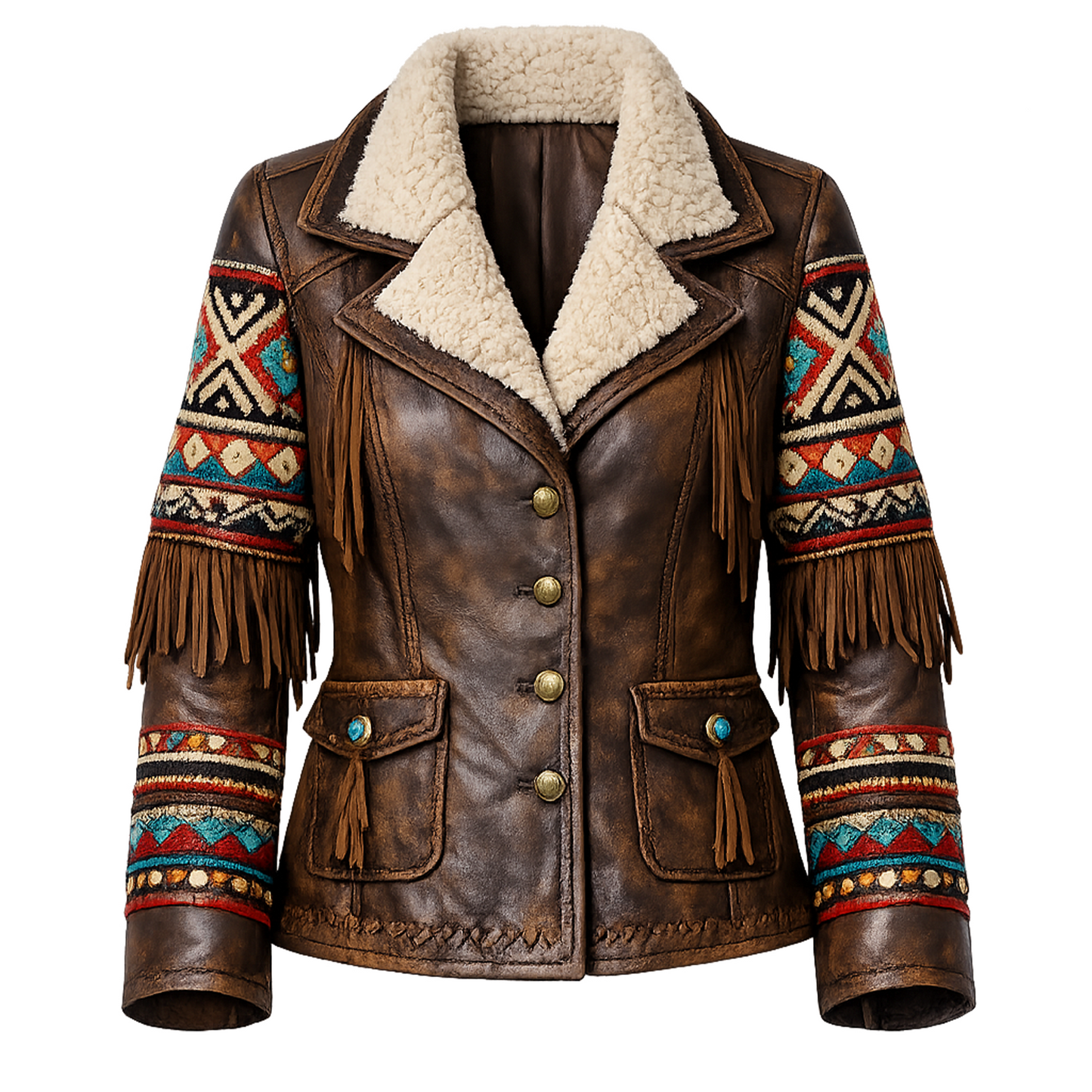 Western Boho Faux Leather Shearling Jacket – Vintage Brown Button-Up Coat with Tribal Embroidery & Fringe, Warm Lined Outerwear