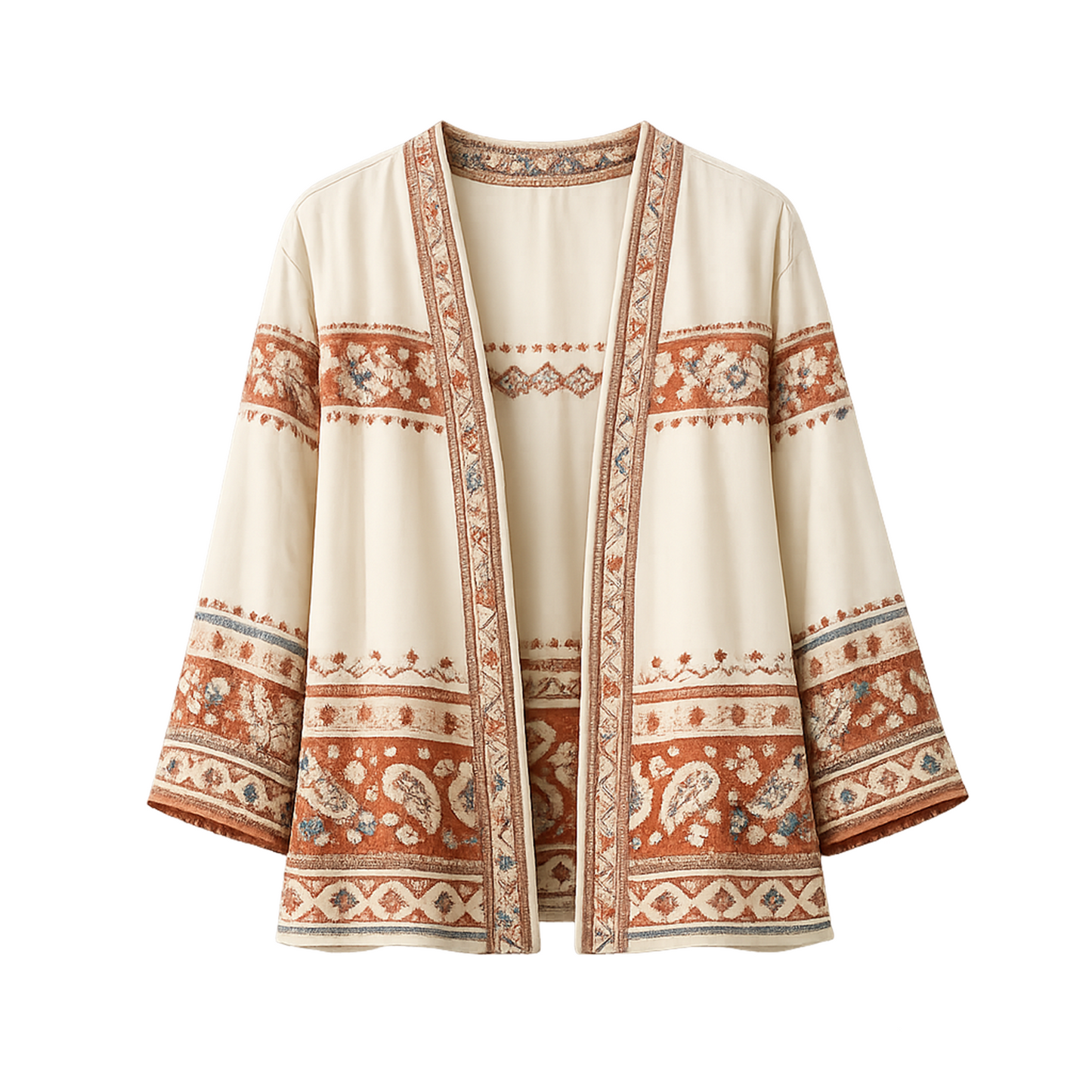 Vintage Ethnic Jacquard Open-Front Cardigan Jacket – Cream Base with Rust Pattern Trim, Relaxed V-Neck, Lightweight Layering Outerwear