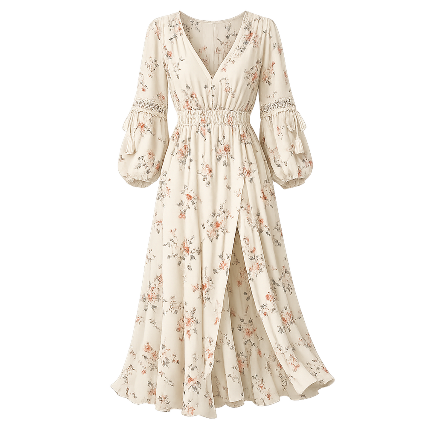 Romantic Floral Wrap Maxi Dress – Ivory V-Neck Long Sleeve, Smocked Waist, Lace Trim Balloon Sleeves, Flowy Split Hem