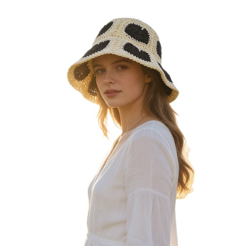 Boho French Retro Paper Straw Wide Brim Sun Hat – Face-Slimming Straw Bucket Hat for Summer Getaways