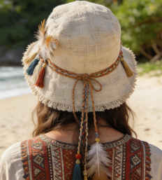 "Wilderness Ballad" Boho Handmade Tassel & Feather Bucket Hat