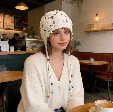 Bohemian Floral Tassel Crochet Beanie for Women, Vintage Hollow-Out Ethnic Style Pullover Hat, Hand-Knitted Cap