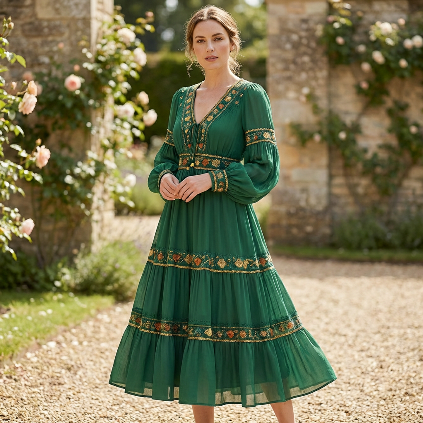 Emerald Green Boho Embroidered Midi Dress – V-Neck Tassel Tie, Lantern Long Sleeves, Tiered Skirt with Gold Floral Trim