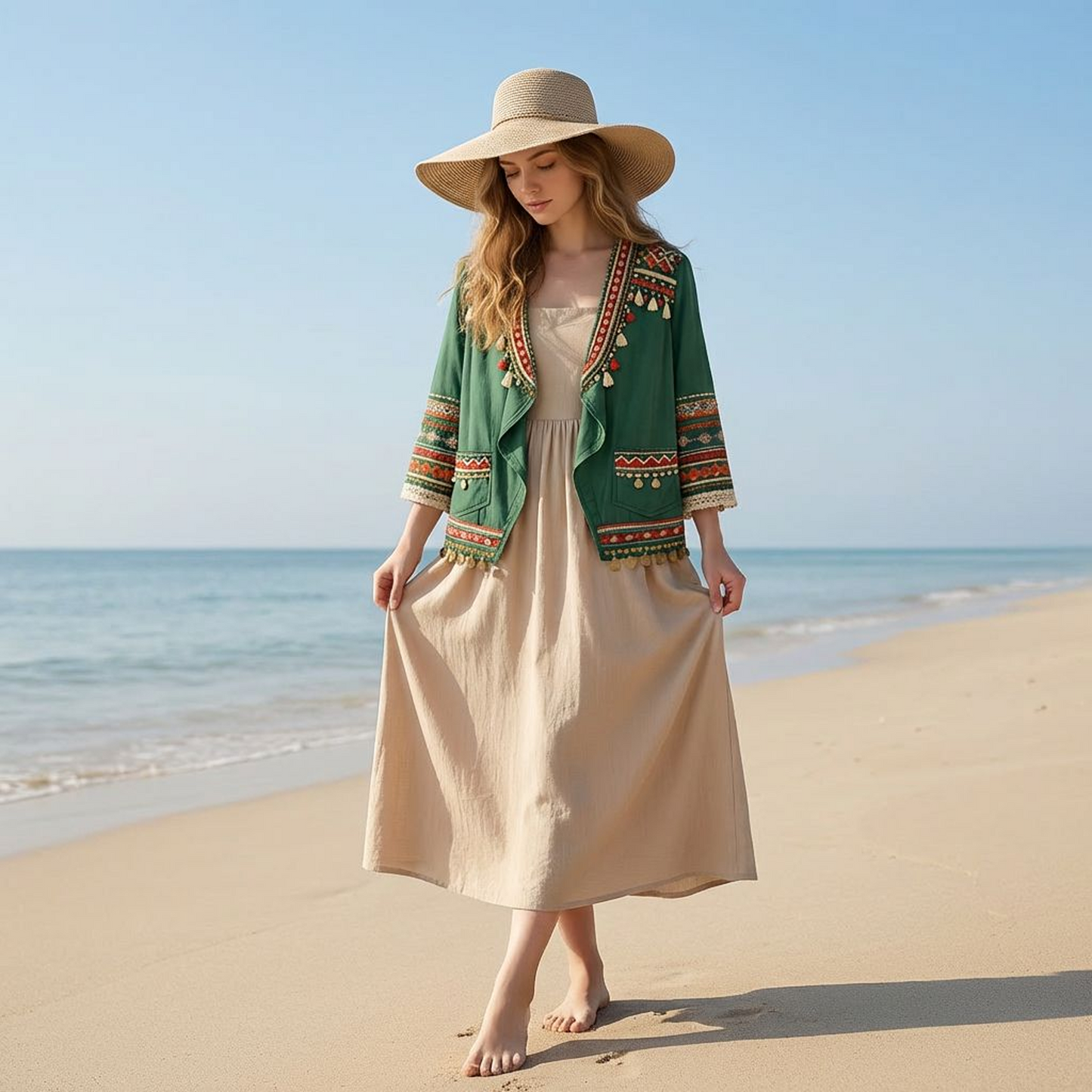 Boho Ethnic Embroidered Open-Front Jacket – Forest Green with Tassel &amp; Coin Trim, Relaxed Fit Layering Outerwear