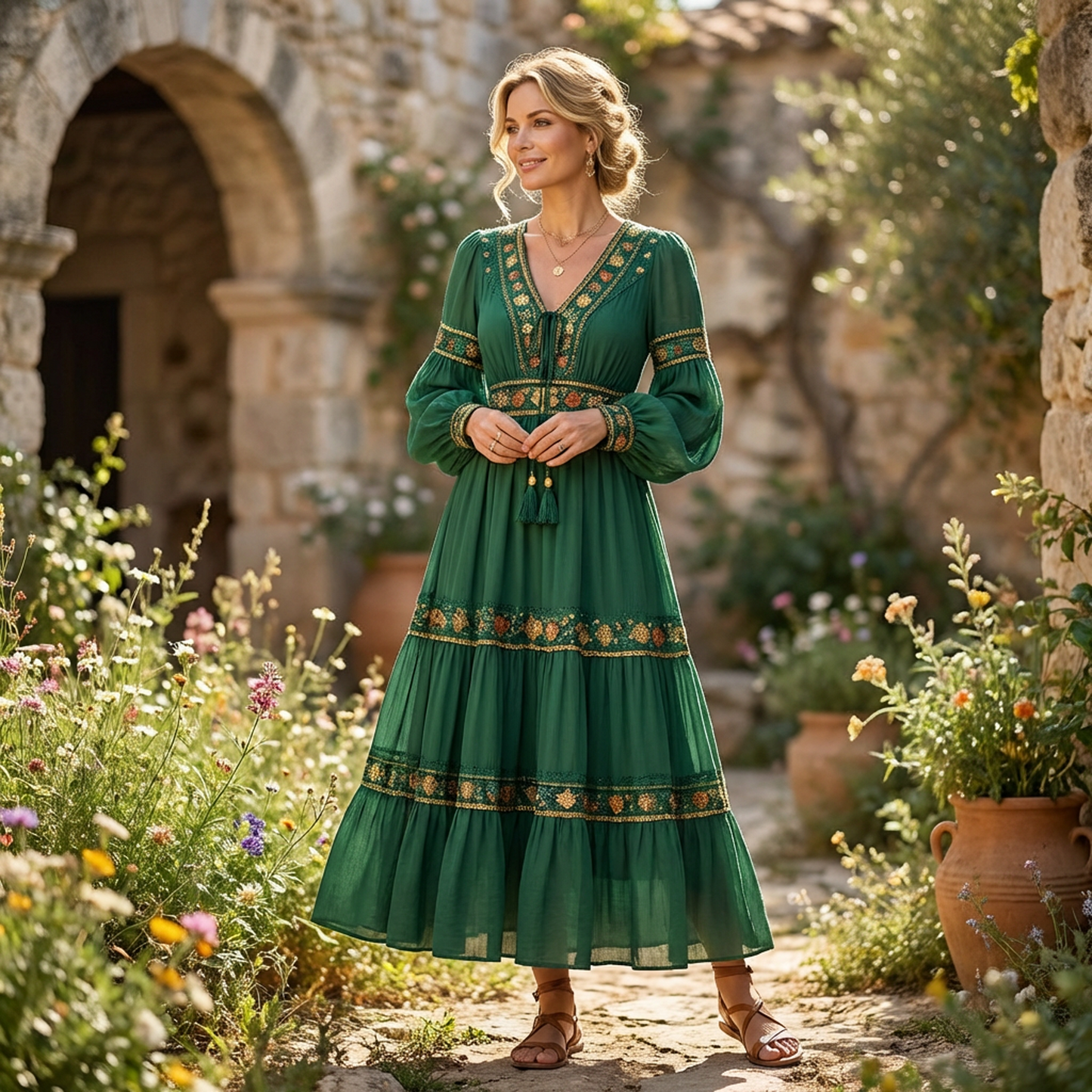 Emerald Green Boho Embroidered Midi Dress – V-Neck Tassel Tie, Lantern Long Sleeves, Tiered Skirt with Gold Floral Trim