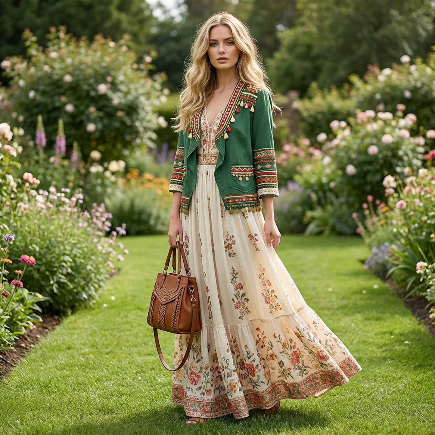 Boho Ethnic Embroidered Open-Front Jacket – Forest Green with Tassel &amp; Coin Trim, Relaxed Fit Layering Outerwear