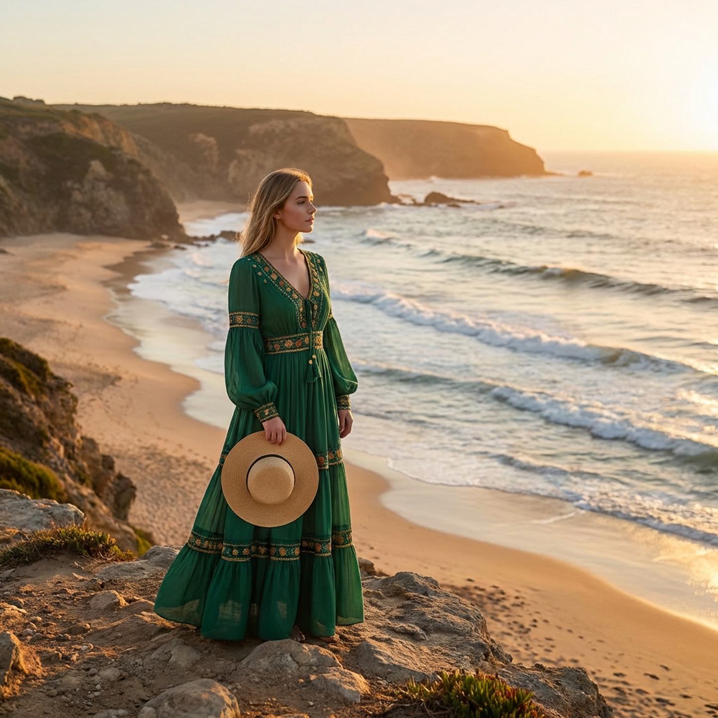 Emerald Green Boho Embroidered Midi Dress – V-Neck Tassel Tie, Lantern Long Sleeves, Tiered Skirt with Gold Floral Trim