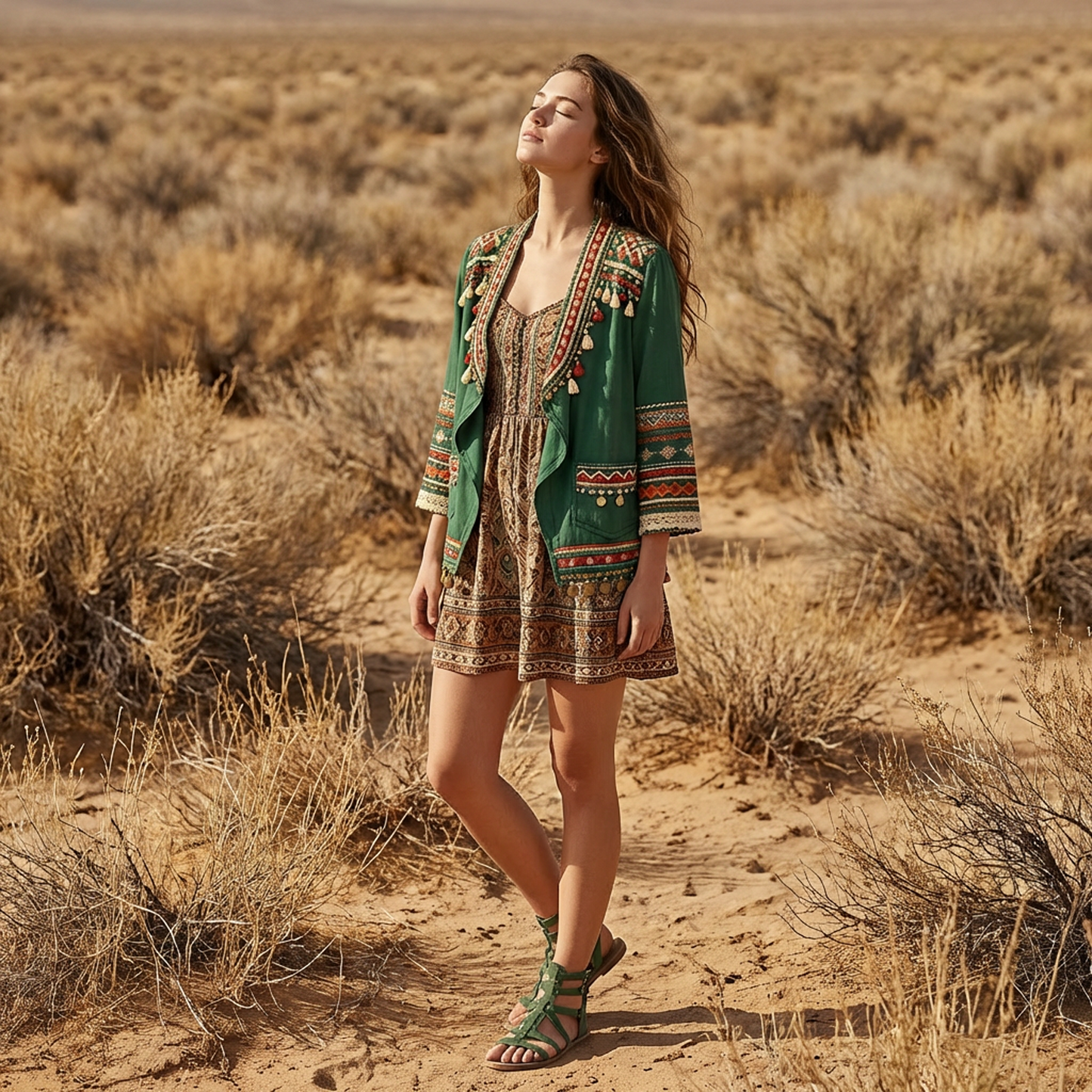 Boho Ethnic Embroidered Open-Front Jacket – Forest Green with Tassel &amp; Coin Trim, Relaxed Fit Layering Outerwear