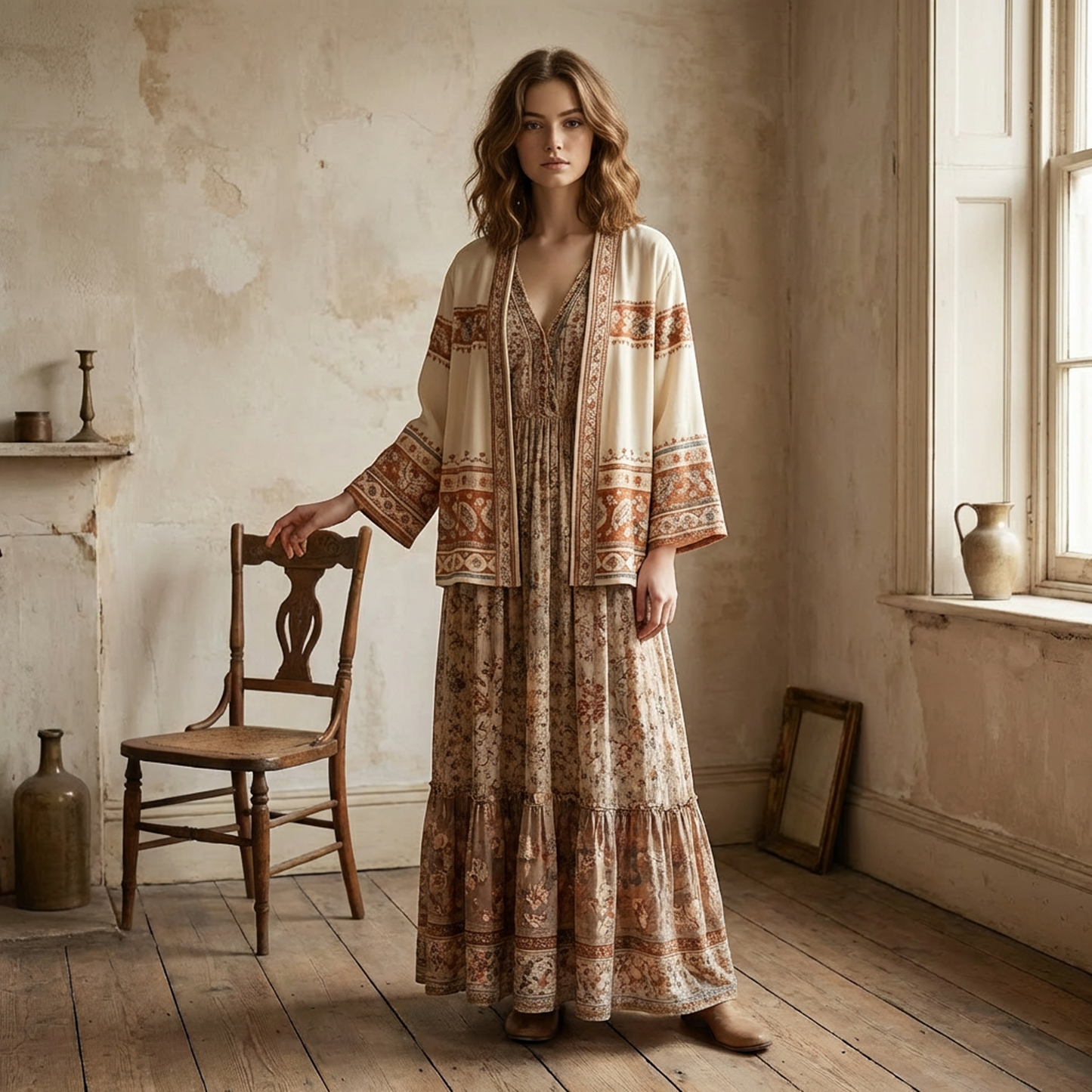 Vintage Ethnic Jacquard Open-Front Cardigan Jacket – Cream Base with Rust Pattern Trim, Relaxed V-Neck, Lightweight Layering Outerwear