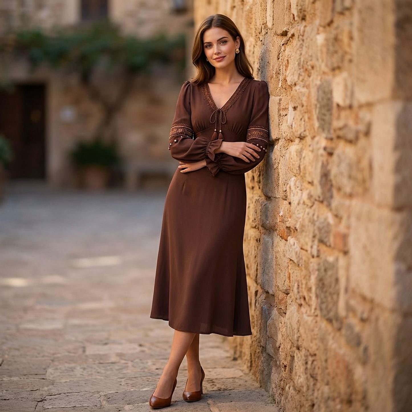 Boho V-Neck Tie Midi Dress – Chocolate Brown Long Sleeve, Lace Trim Neckline, Embroidered Sleeve Bands, Ruffle Cuffs, Body-Skimming Fit