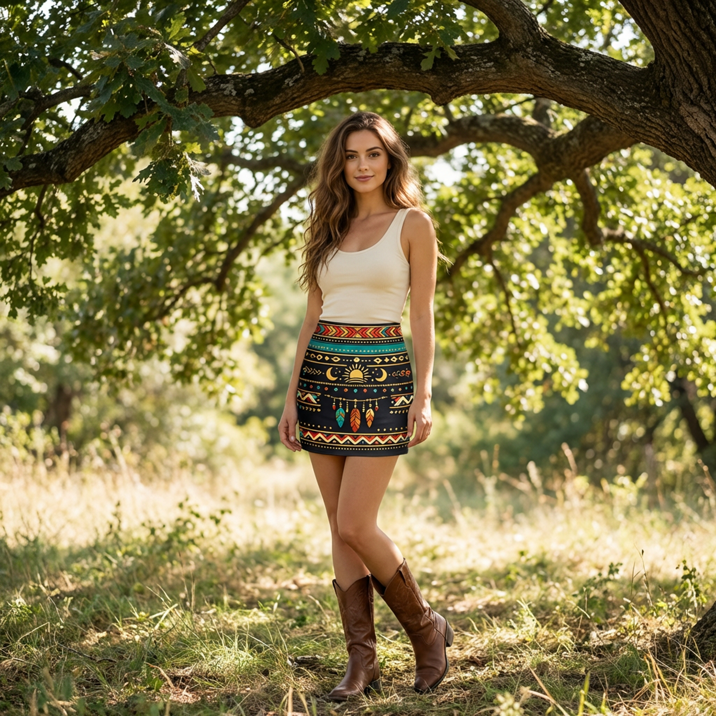 Black Boho Tribal Mini Skirt – High Waist Aztec Geometric Print, Sun &amp; Moon Motif, Feather Charm Detail