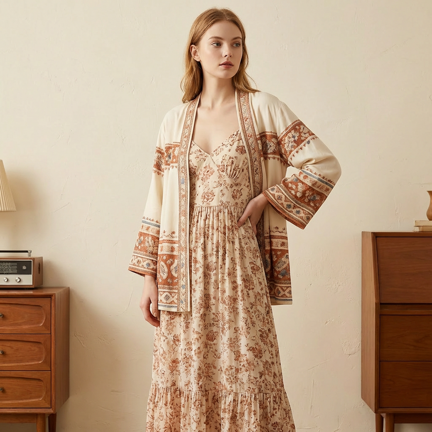 Vintage Ethnic Jacquard Open-Front Cardigan Jacket – Cream Base with Rust Pattern Trim, Relaxed V-Neck, Lightweight Layering Outerwear