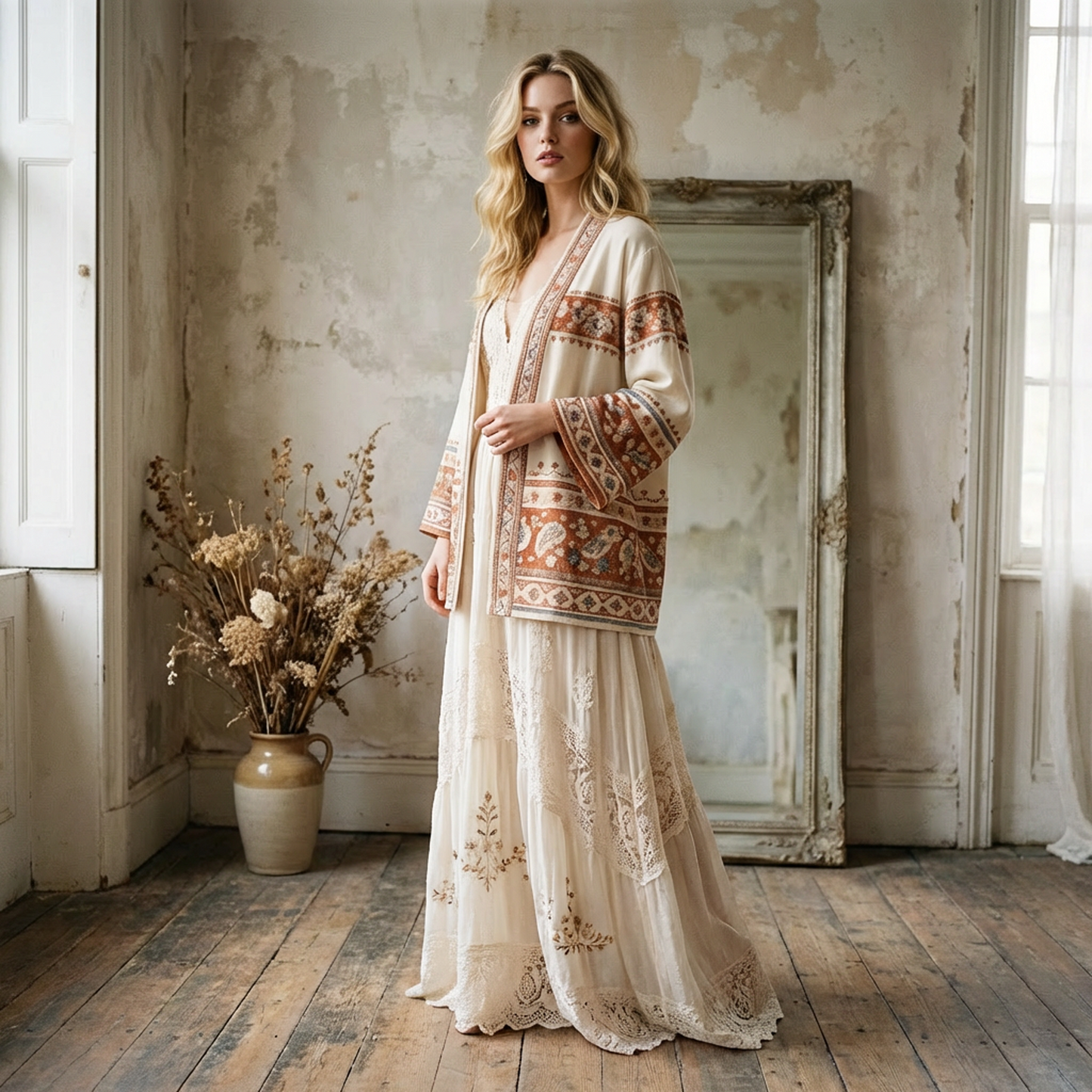 Vintage Ethnic Jacquard Open-Front Cardigan Jacket – Cream Base with Rust Pattern Trim, Relaxed V-Neck, Lightweight Layering Outerwear