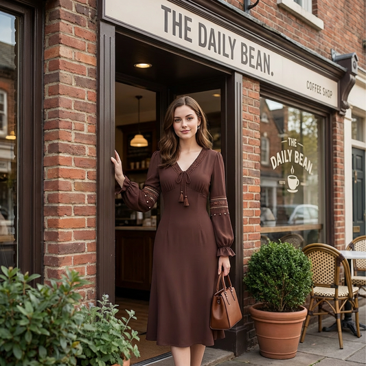 Boho V-Neck Tie Midi Dress – Chocolate Brown Long Sleeve, Lace Trim Neckline, Embroidered Sleeve Bands, Ruffle Cuffs, Body-Skimming Fit