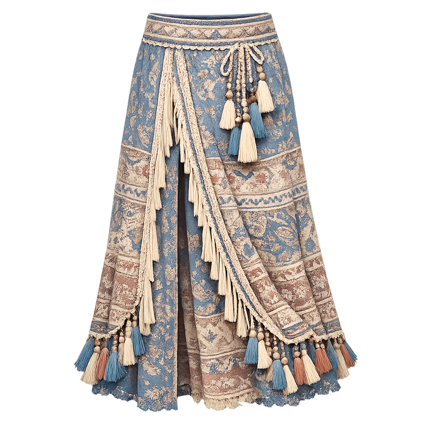 Dusty Blue Boho Tassel Maxi Skirt – High Waist Wrap Overlay, Vintage Floral Border Print, Fringe Trim &amp; Beaded Tie