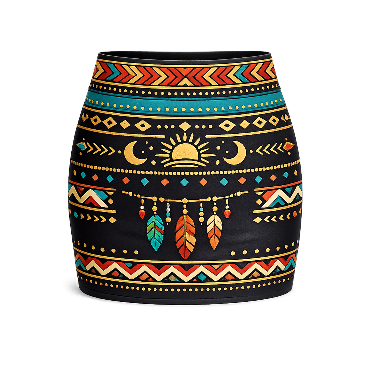 Black Boho Tribal Mini Skirt – High Waist Aztec Geometric Print, Sun &amp; Moon Motif, Feather Charm Detail