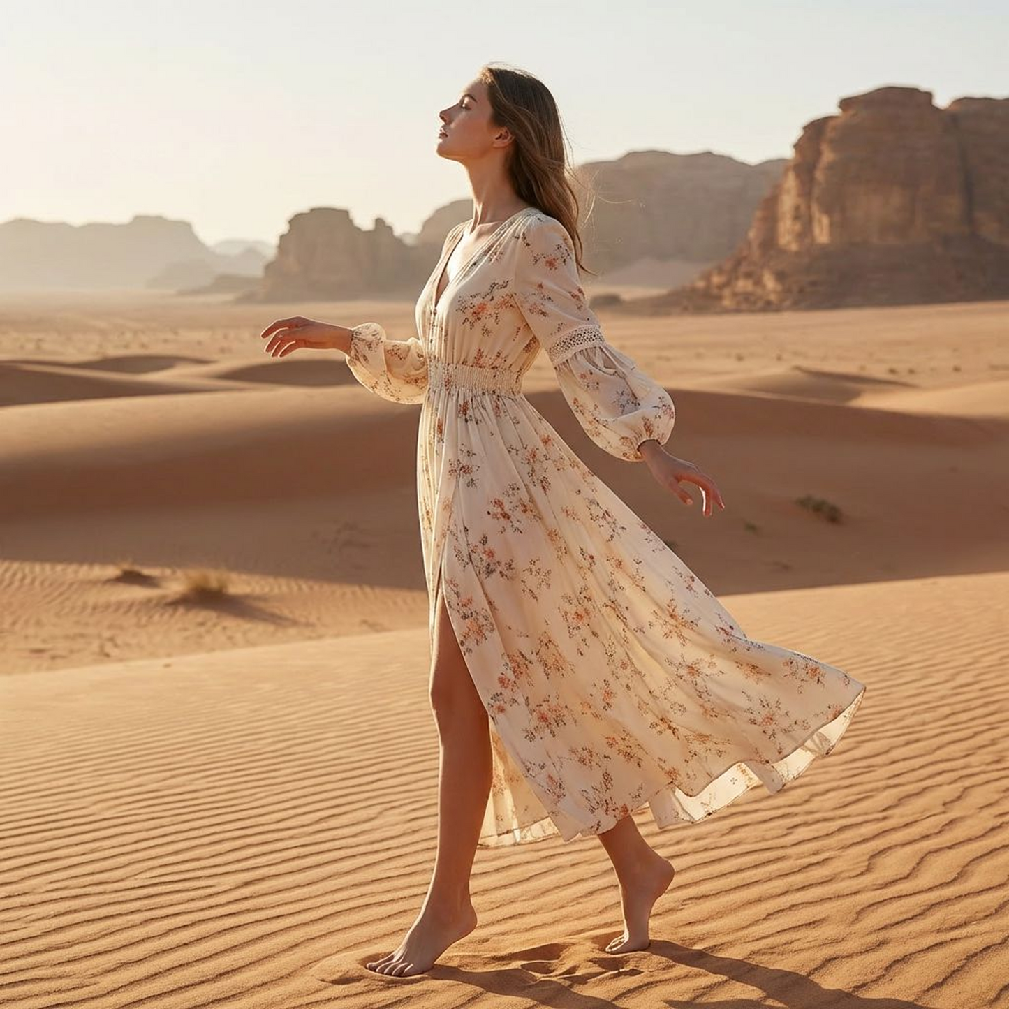 Romantic Floral Wrap Maxi Dress – Ivory V-Neck Long Sleeve, Smocked Waist, Lace Trim Balloon Sleeves, Flowy Split Hem