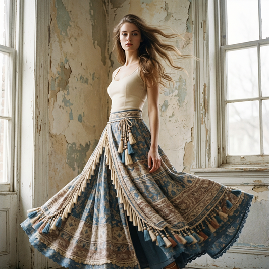 Dusty Blue Boho Tassel Maxi Skirt – High Waist Wrap Overlay, Vintage Floral Border Print, Fringe Trim &amp; Beaded Tie