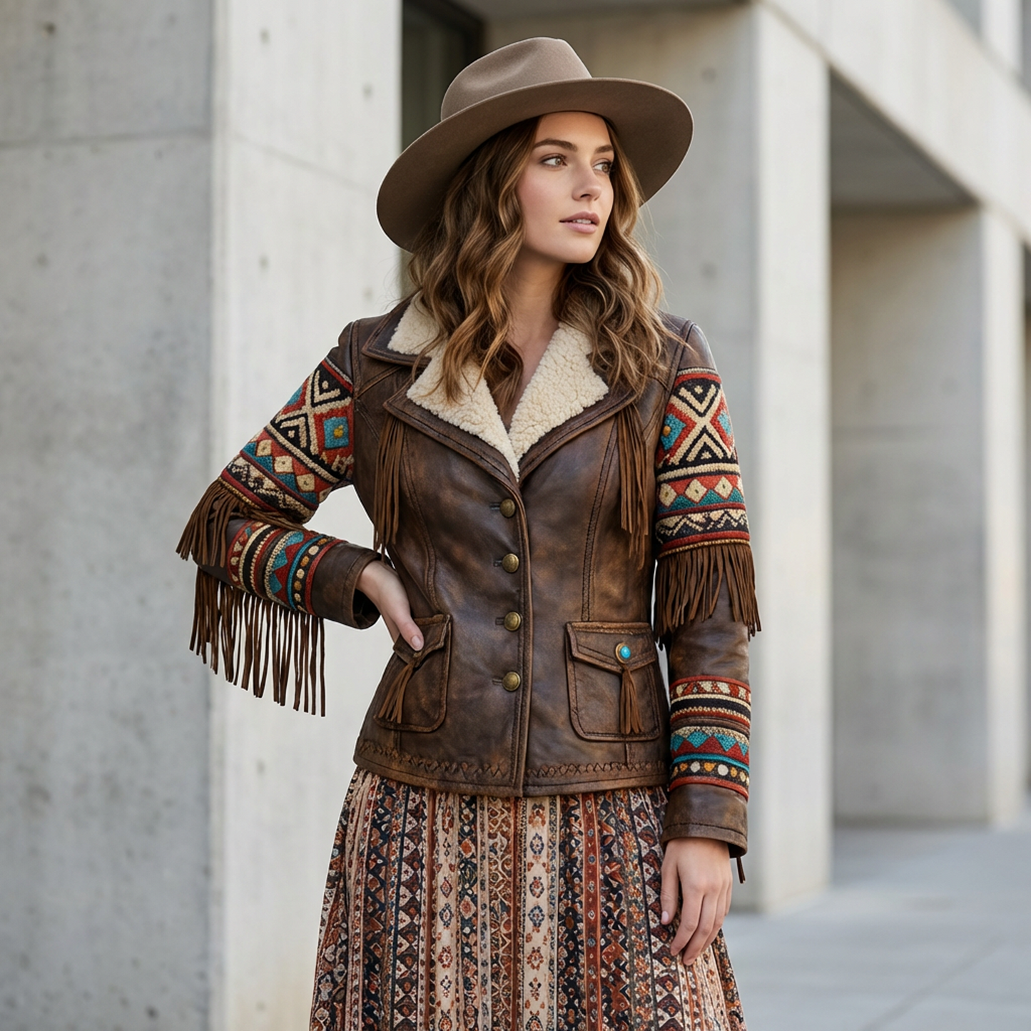 Western Boho Faux Leather Shearling Jacket – Vintage Brown Button-Up Coat with Tribal Embroidery &amp; Fringe, Warm Lined Outerwear