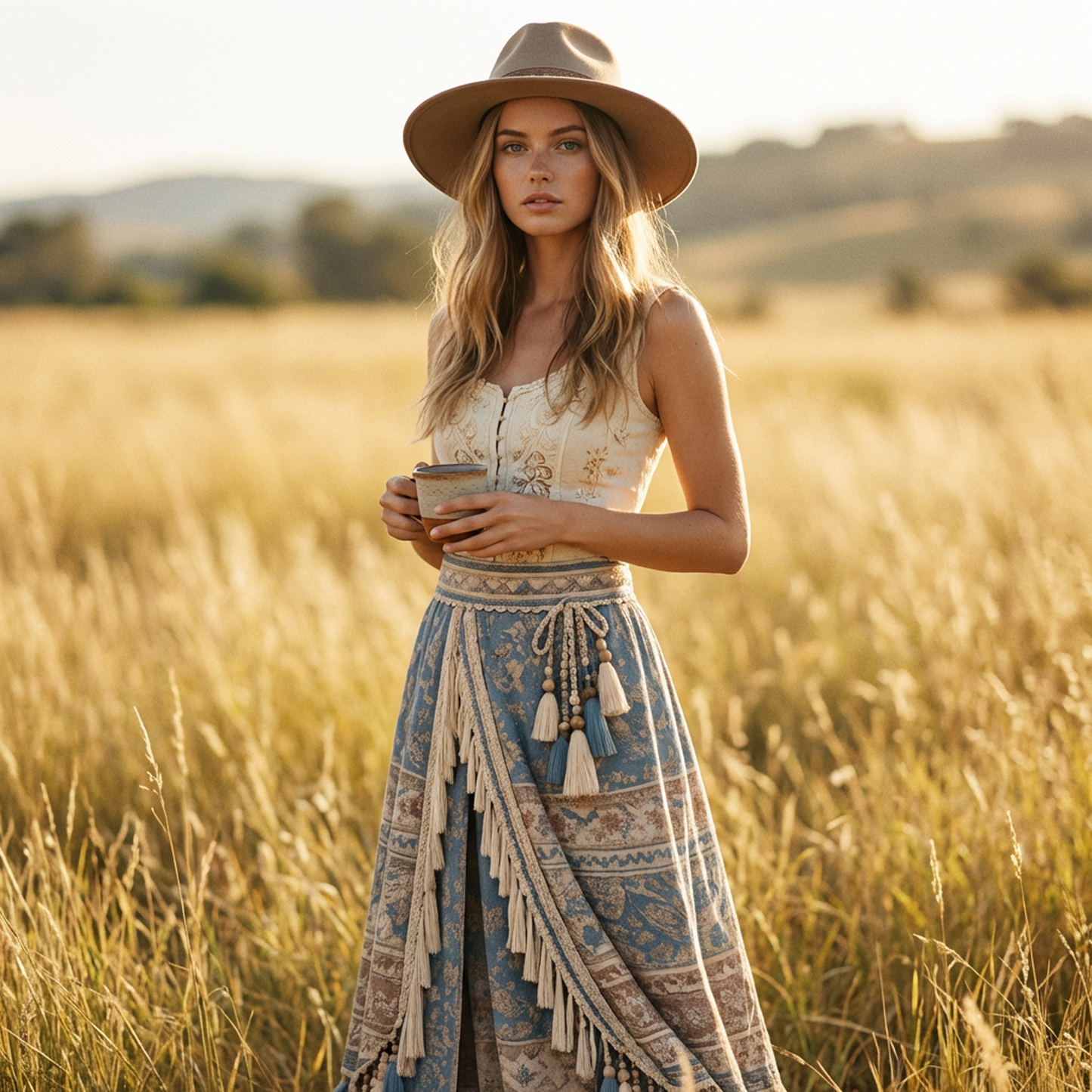 Dusty Blue Boho Tassel Maxi Skirt – High Waist Wrap Overlay, Vintage Floral Border Print, Fringe Trim &amp; Beaded Tie