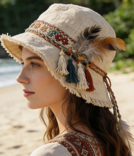 "Wilderness Ballad" Boho Handmade Tassel & Feather Bucket Hat