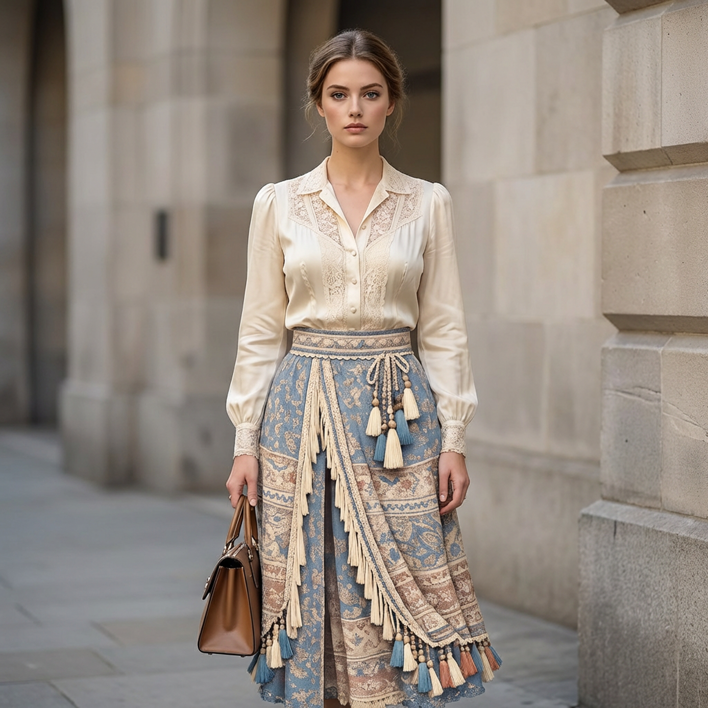 Dusty Blue Boho Tassel Maxi Skirt – High Waist Wrap Overlay, Vintage Floral Border Print, Fringe Trim &amp; Beaded Tie