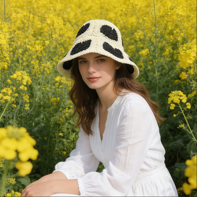 Boho French Retro Paper Straw Wide Brim Sun Hat – Face-Slimming Straw Bucket Hat for Summer Getaways