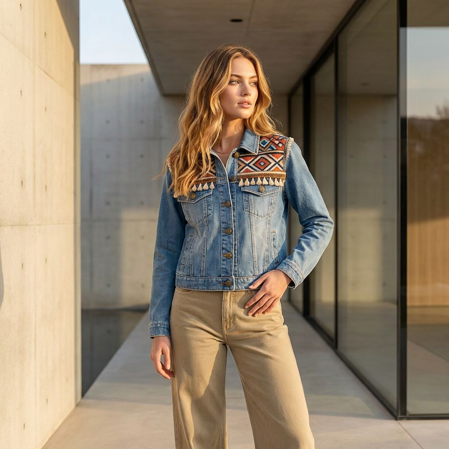 Boho Geometric Embroidered Denim Jacket – Light Wash Button-Up Jean Jacket with Tassel Trim, Classic Collar Layering Outerwear