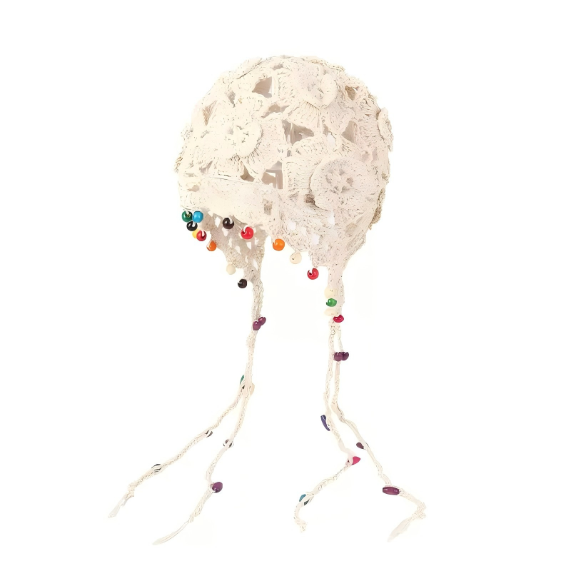 Bohemian Floral Tassel Crochet Beanie for Women, Vintage Hollow-Out Ethnic Style Pullover Hat, Hand-Knitted Cap