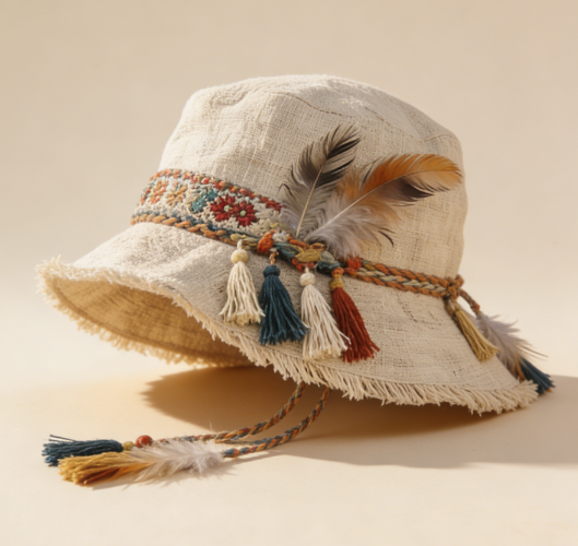"Wilderness Ballad" Boho Handmade Tassel & Feather Bucket Hat