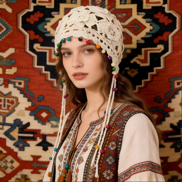 Bohemian Floral Tassel Crochet Beanie for Women, Vintage Hollow-Out Ethnic Style Pullover Hat, Hand-Knitted Cap