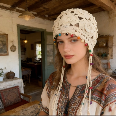 Bohemian Floral Tassel Crochet Beanie for Women, Vintage Hollow-Out Ethnic Style Pullover Hat, Hand-Knitted Cap