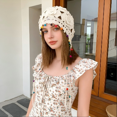 Bohemian Floral Tassel Crochet Beanie for Women, Vintage Hollow-Out Ethnic Style Pullover Hat, Hand-Knitted Cap