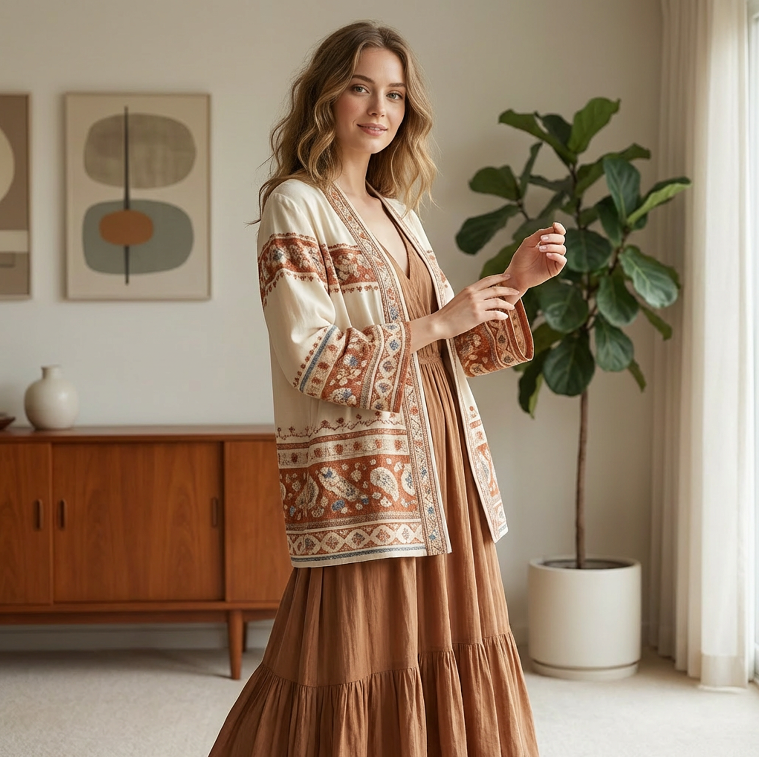 Vintage Ethnic Jacquard Open-Front Cardigan Jacket – Cream Base with Rust Pattern Trim, Relaxed V-Neck, Lightweight Layering Outerwear